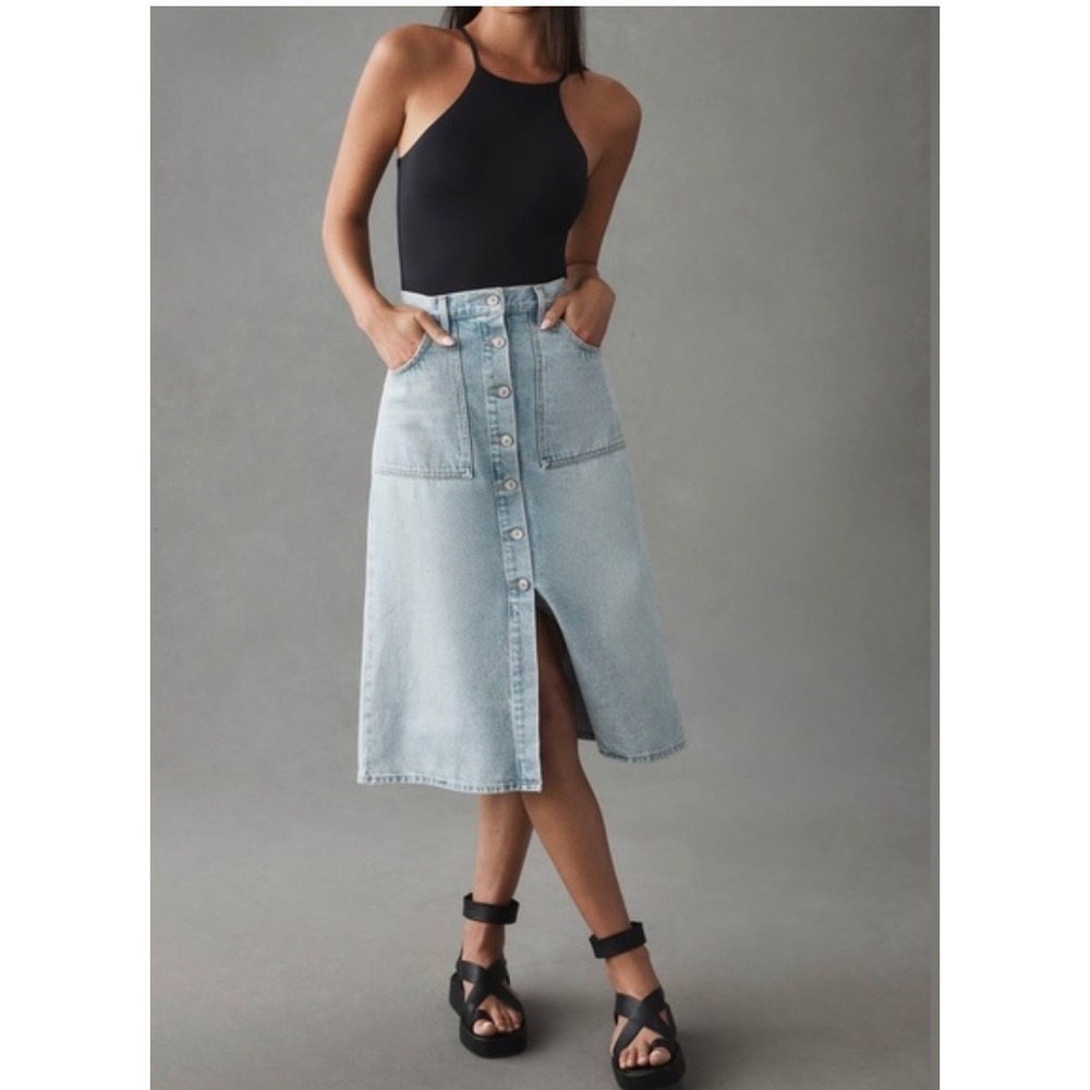 Citizens of Humanity Anouk Denim Midi Skirt Light Wash Button Front Sz 27 Retro